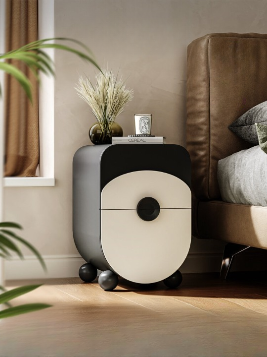 Modern Rounded Nightstand with Drawer, Black and Cream Bedside Table with Ball Feet, Lacquered Wood Accent Cabinet, Compact End Table for Bedroom, Living Room, Small Spaces