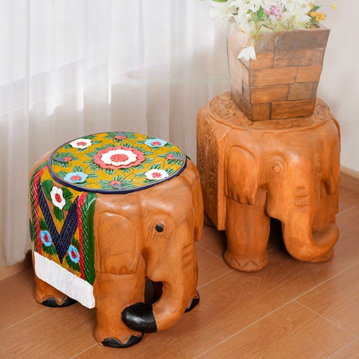 Hand-Painted Solid Wood Elephant Stool for Entryway and Living Room