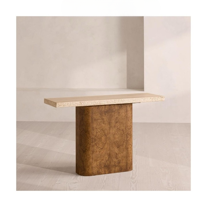 Travertine Top Console Table, Burl Wood Look Pedestal Entryway Table, Wabi Sabi Sofa Table for Hallway, Living Room, Foyer or Accent Decor