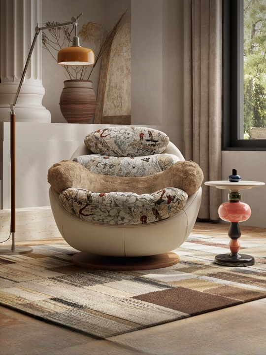 Oversized Swivel Accent Chair, Cream Leather Look Lounge Chair with Patterned Jacquard Cushions and Plush Bolster Pillow, Modern Round Single Sofa Chair for Living Room, Bedroom, Reading Nook, Apartment, and Lounge