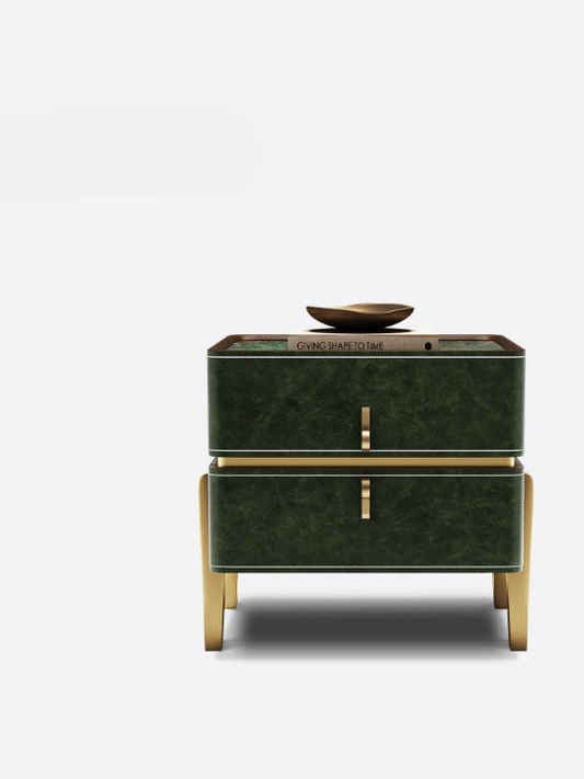 Emerald Green Nightstand with 2 Drawers, Modern Leather Look Bedside Table with Marble Pattern Top, Gold Tone Legs and Solid Wood Frame, Luxury Accent End Table for Bedroom, Living Room