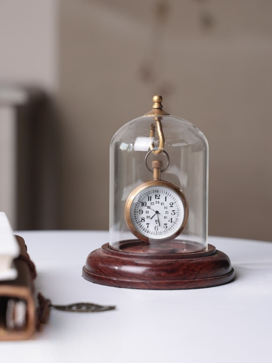 Vintage Pocket Watch Table Clock with Glass Dome and Wood Base