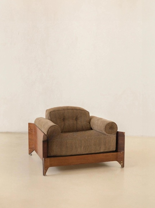 Brown Chenille Lounge Chair, Solid Wood Accent Chair with Bolster Pillows, Vintage Upholstered Armchair, Low Profile Single Sofa Chair for Living Room, Bedroom, Balcony and Hotel Lounge