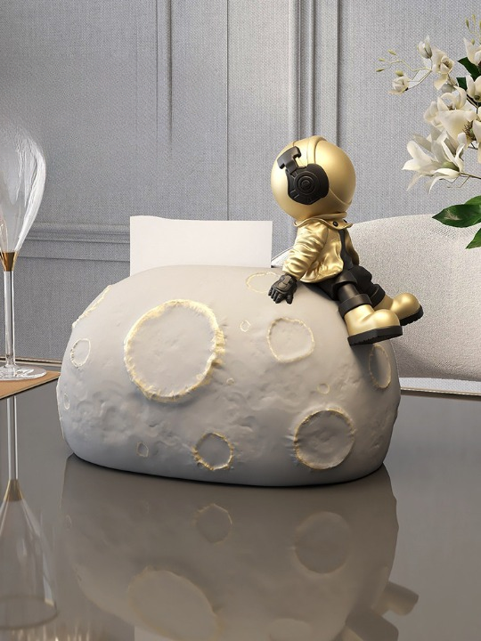 Gold Resin Astronaut Moon Tissue Box Cover, Decorative Space-Themed Facial Tissue Holder with Sculptural Moon Base for Living Room Coffee Table, Bedroom Nightstand, Dining Table and Office Desk