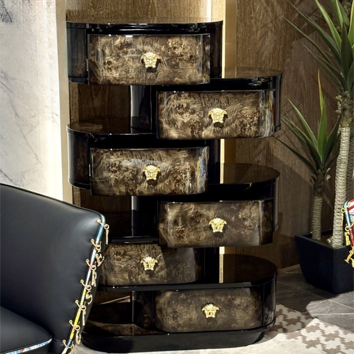 Modern 6-Drawer Chest with Burl Wood Finish and Gold Hardware