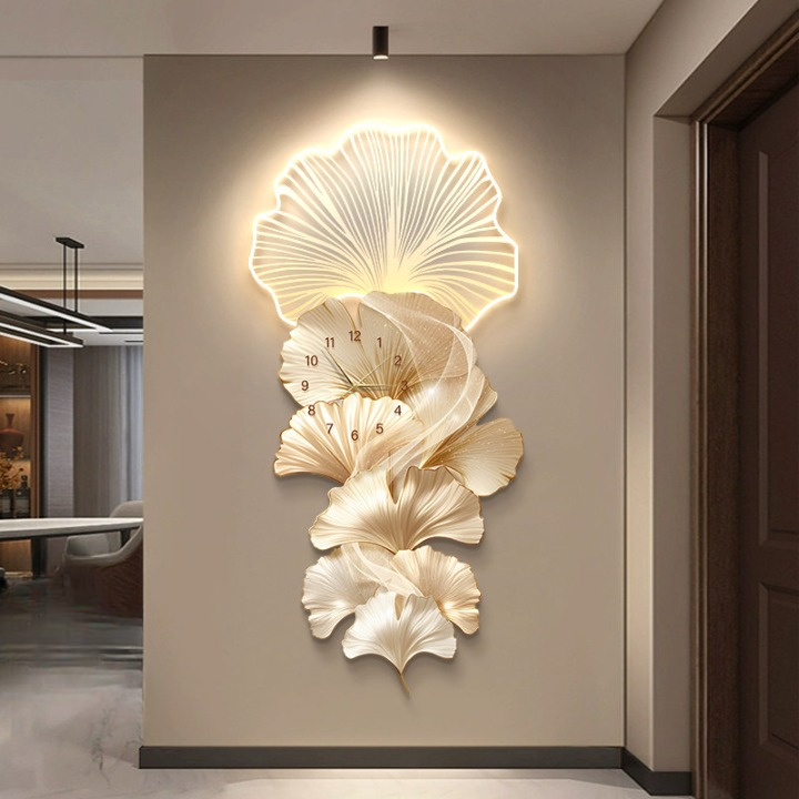 Modern Ginkgo Leaf Wall Clock 19 x 39 Inch, 3D LED Lighted Gold Wall Art