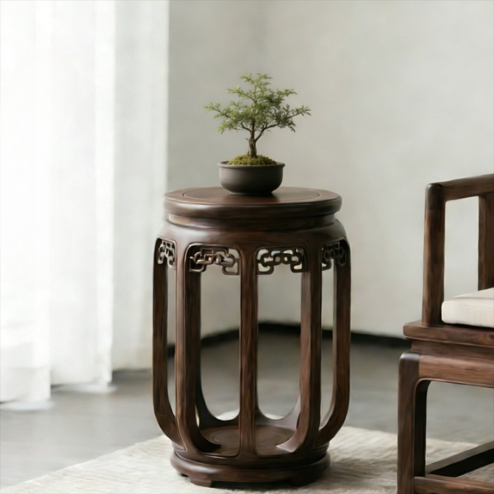 Ash Wood Round Side Table with Carved Openwork Frame
