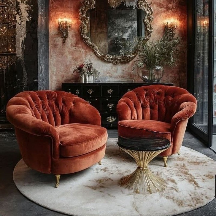 Orange Velvet Barrel Accent Chair with Tufted Back and Gold Legs
