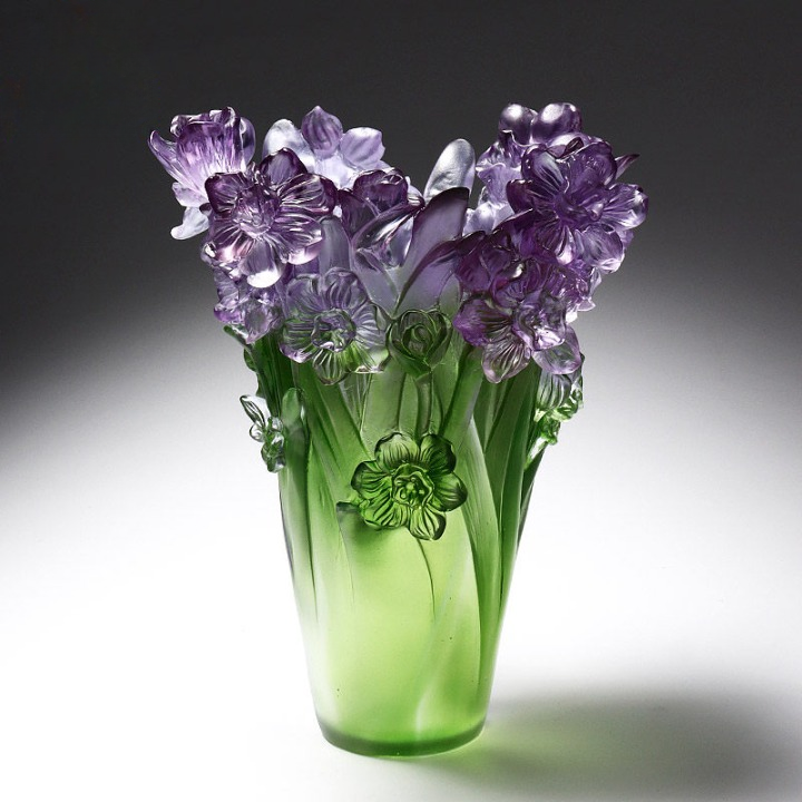 Purple Art Glass Daffodil Vase with Sculpted Flowers, Green Decorative Vase