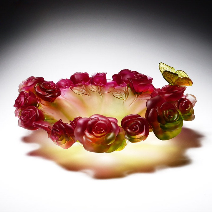 Rose Flower Decorative Bowl with Butterfly, Large Pink Art Glass Fruit Bowl for Dining Table, Coffee Table, Living Room, Entryway and Housewarming Gift
