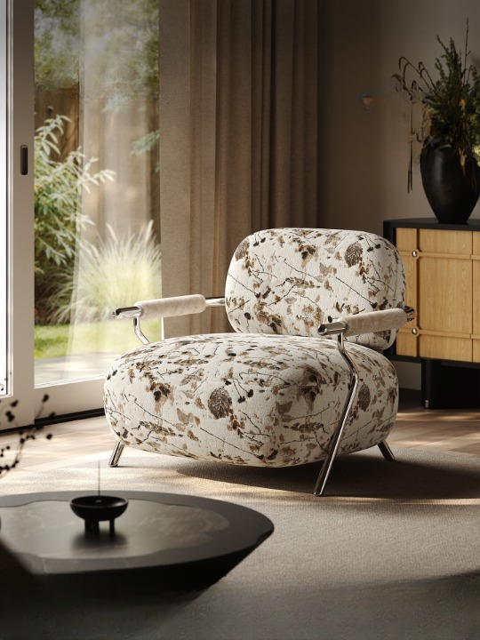 Floral Chenille Accent Chair with Metal Arms, Cream and Brown