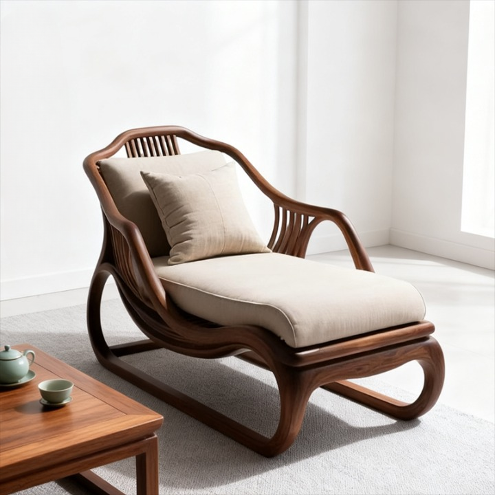 Ash Wood Chaise Lounge Chair with Cushions and Sculpted Frame