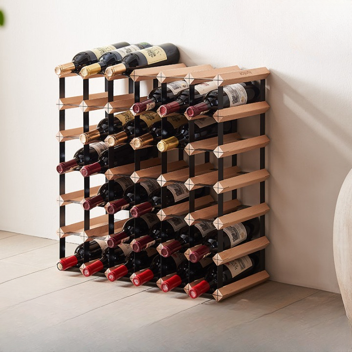 36-Bottle Wood Wine Rack, 6-Tier Countertop Storage Grid with Metal Frame