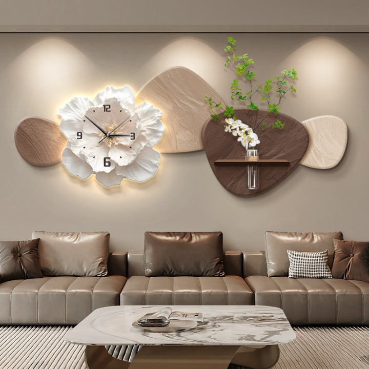 Modern Floral Wall Clock 39 x 15 Inch, 3D Flower Wall Art with Vase and LED Light