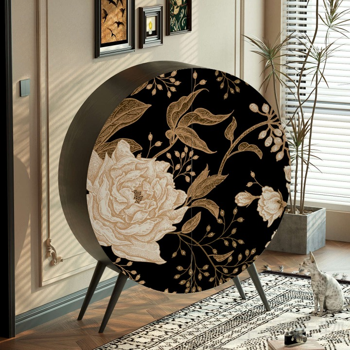 Round Floral Storage Cabinet, Black Solid Wood Accent Cabinet