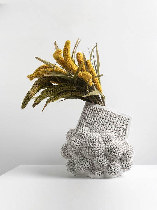 White Ceramic Bubble Vase, Large Textured Flower Vessel with Triangle Opening