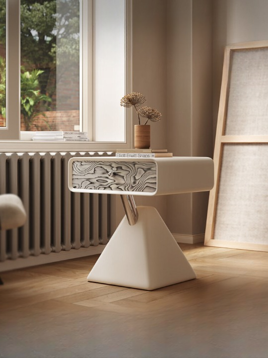 Modern Beige Nightstand with Drawer, Sculptural Pyramid Base Bedside Table, Compact Wood End Table with Glossy Finish, Decorative Side Cabinet for Bedroom, Living Room, Small Spaces