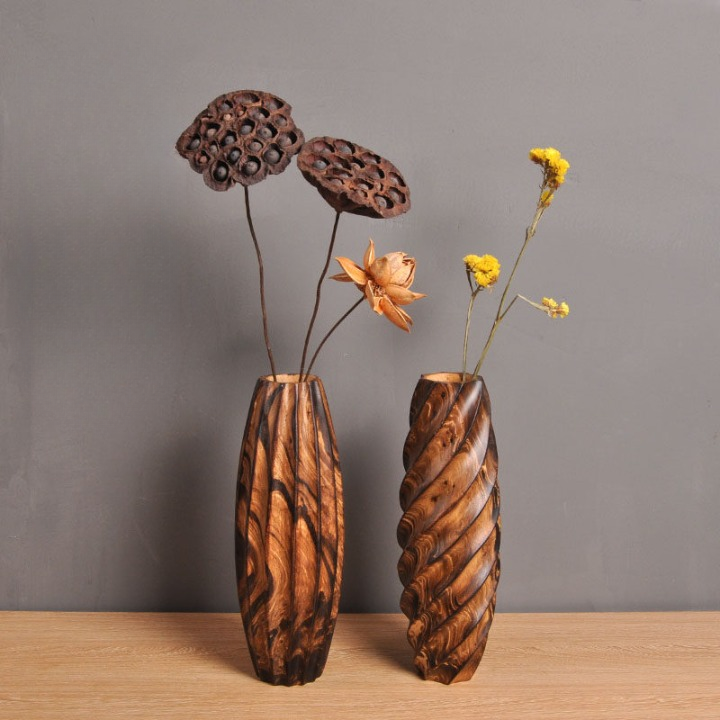 Solid Wood Vase Set of 2 for Dried Flowers, Dark Brown