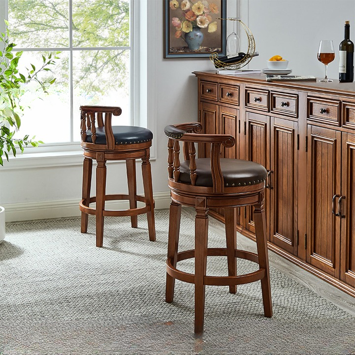 Brown Leather Counter Stool, Solid Wood Bar Chair with Arms