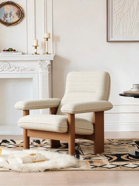 Cream Boucle Lounge Chair with Rubberwood Legs, Nordic Upholstered Accent Armchair with Wide Arms and Plush Cushion, Single Sofa Chair for Living Room Bedroom Balcony