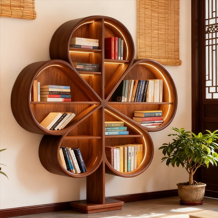 Ash Wood Clover Bookcase with LED-Lit Open Shelves