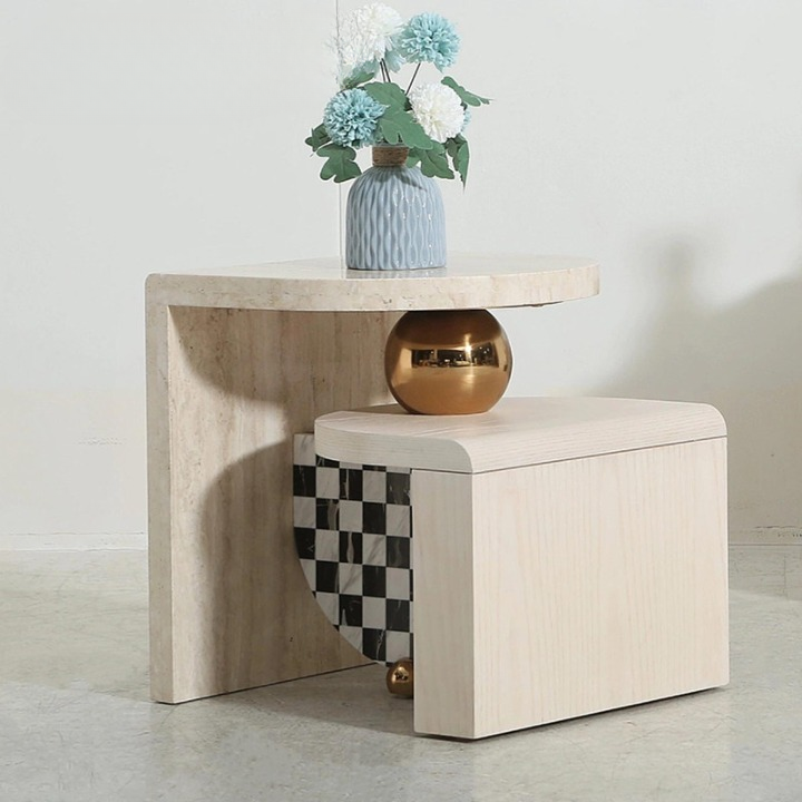 Natural Wood Side Table with Checkerboard Accent for Bedroom