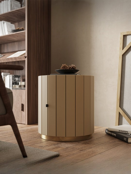 Round Leather Look Nightstand, Modern Bedside Table with Vertical Channel Design, Solid Wood Frame Accent Cabinet with Gold Tone Base for Bedroom, Guest Room, Apartment, and Small Spaces