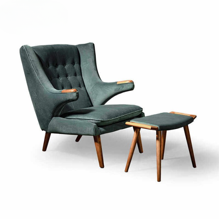 Wingback Accent Chair with Ottoman, Navy Blue Upholstered Lounge Chair and Footstool Set, Mid Century Modern Single Sofa Chair with Solid Ash Wood Frame for Living Room, Bedroom, Reading Nook and Study