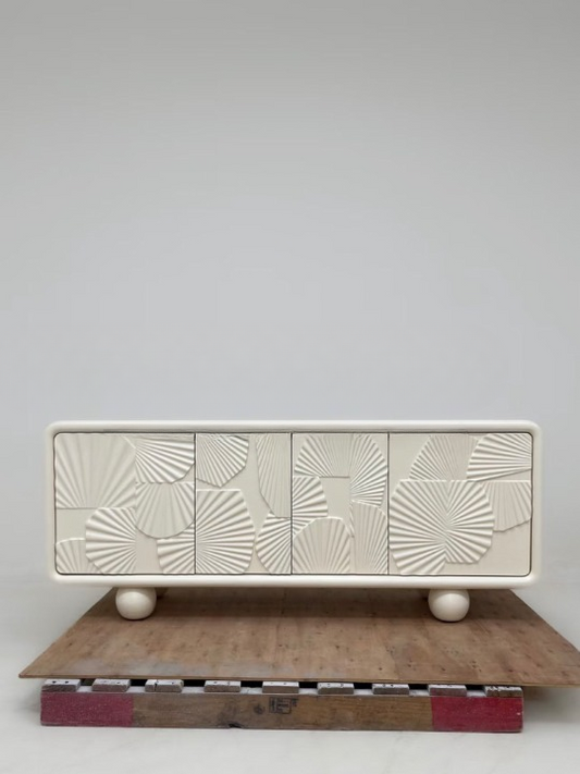 Modern Ivory TV Stand Cabinet, Low Media Console with Textured Geometric Center Doors and Round Ball Feet, Minimalist Sideboard Storage Cabinet for Living Room, Dining Room, Entryway, and Bedroom
