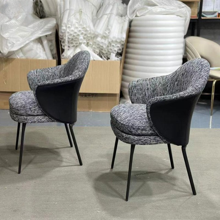 Dark Gray Textured Fabric Dining Armchair, Modern Minimalist Curved Wraparound Back Chair with Black Contrast Panels and Slim Metal Legs for Dining Room, Kitchen, Bedroom and Reception