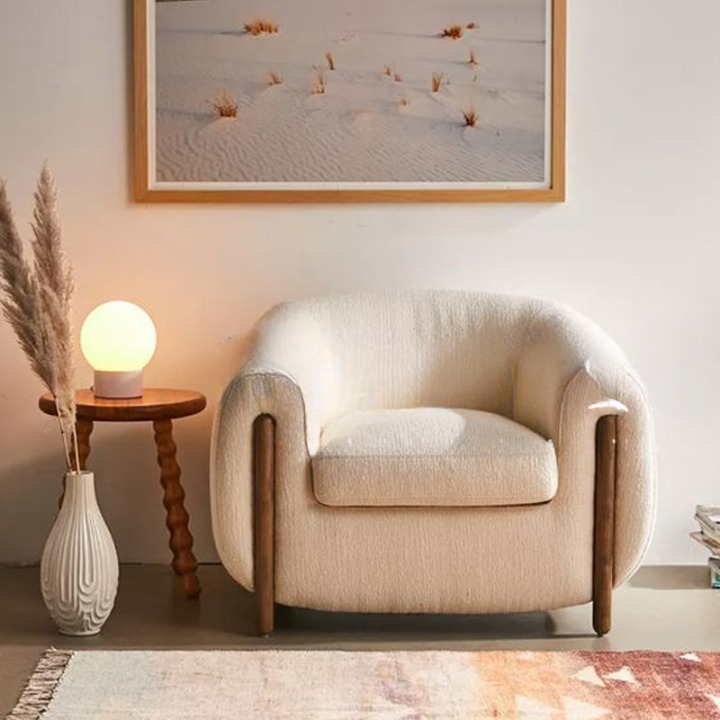 Ivory Boucle Barrel Accent Chair, Upholstered Sherpa Armchair with Solid Wood Legs, Modern Curved Lounge Chair for Living Room, Bedroom, Balcony, Reading Nook, Single Sofa Chair
