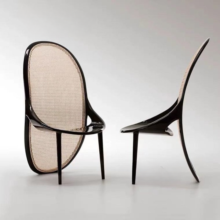High Back Rattan Dining Chair with Black Wood Frame, Cane Woven Accent Chair, Modern Nordic Side Chair for Dining Room, Living Room, Cafe, Hotel, Reception and Study