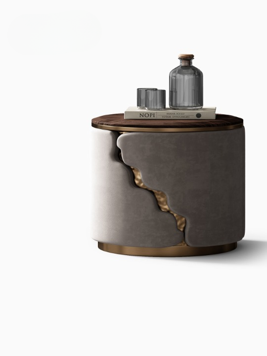 Round Luxury Nightstand with Blue Natural Stone Top, Modern Cylindrical Bedside Table with Matte Upholstered Body and Antique Bronze Accents for Bedroom