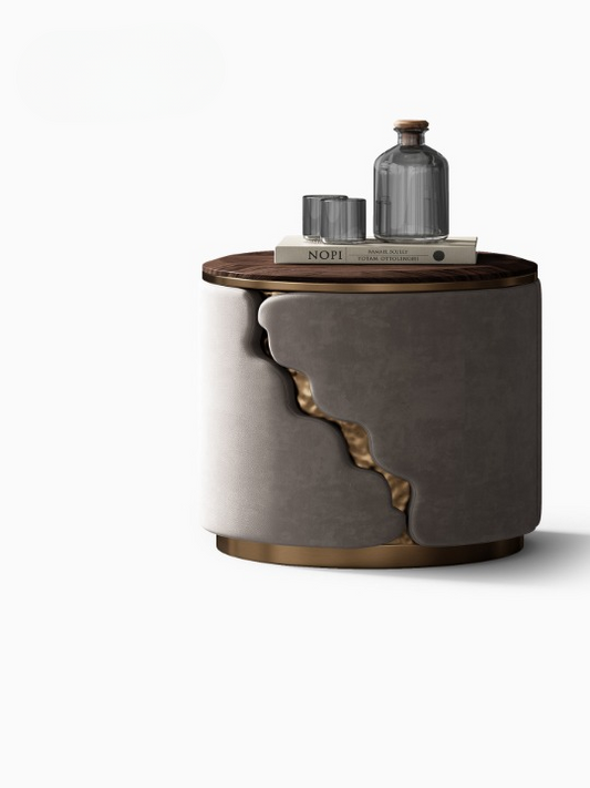 Round Luxury Nightstand with Blue Natural Stone Top, Modern Cylindrical Bedside Table with Matte Upholstered Body and Antique Bronze Accents for Bedroom