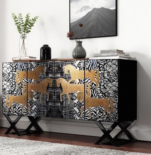 Hand Painted Accent Sideboard Cabinet, 3-Door Buffet Storage Cabinet with Gold Horse Motif and Animal Print Design for Entryway, Living Room, Dining Room