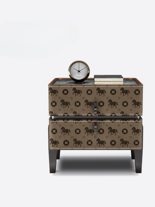 Brown Equestrian Pattern Nightstand with 2 Drawers, Modern Leather Look Bedside Table with Stone Pattern Top, Solid Wood Frame and Dark Legs, Luxury Accent End Table for Bedroom, Living Room