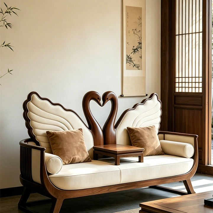 Ash Wood Swan Loveseat Sofa with Integrated Center Table, Upholstered 2 Seat Living Room Sofa, Luxury Accent Couch for Living Room, Office, Hotel &amp; Reception