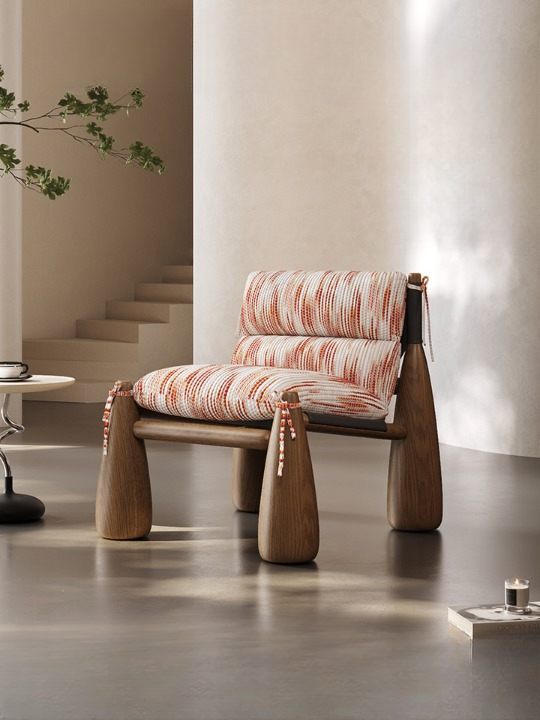 Orange Striped Cotton-Linen Ash Wood Accent Lounge Chair