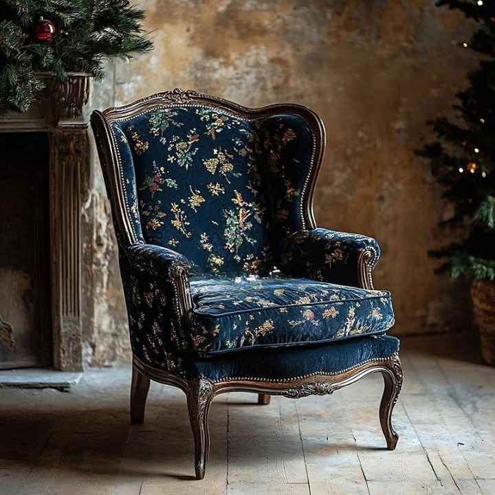 Blue Floral High Back Accent Chair with Carved Solid Wood Frame