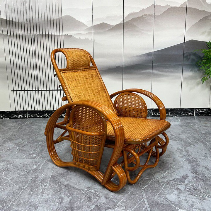 Natural Rattan Reclining Lounge Chair with Pull-Out Footrest