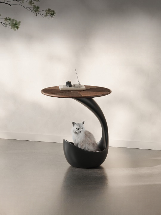 Walnut Veneer Round Side Table with Sculptural Black Base