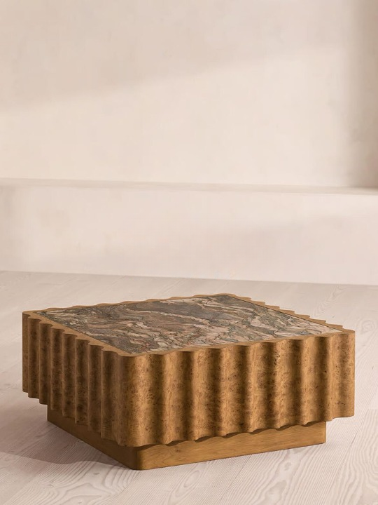 Square Marble Top Coffee Table, Burl Wood Accent Cocktail Table for Living Room