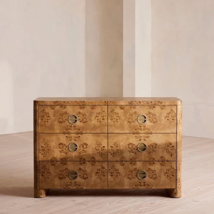 French Style 6 Drawer Sideboard, Burl Wood Storage Cabinet for Living Room