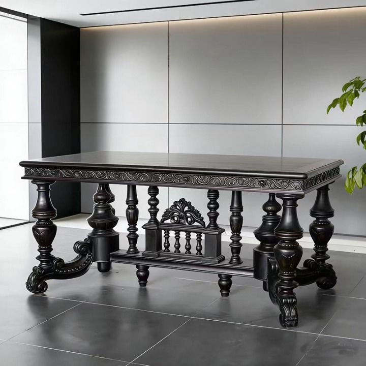 Hand-Carved Solid Elm Wood Dining Table, Rectangular Black Wood Table with Ornate Turned Legs and Decorative Stretcher Base for Dining Room, Study or Entryway