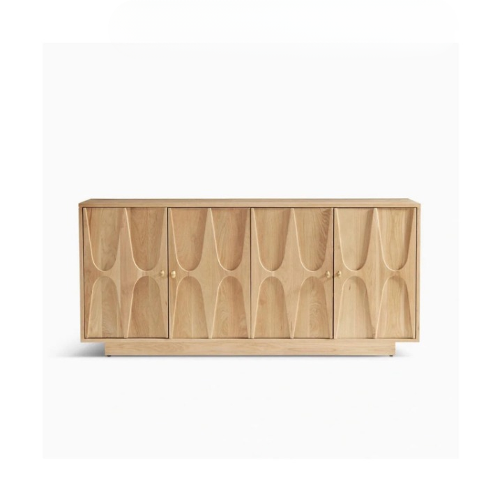 Solid Wood Sideboard Cabinet, Natural Wood Storage Cabinet with Arched Carved Door Pattern, Wabi Sabi Buffet Cabinet for Living Room Dining Room Entryway