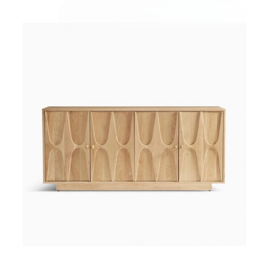 Solid Wood Sideboard Cabinet, Natural Wood Storage Cabinet with Arched Carved Door Pattern, Wabi Sabi Buffet Cabinet for Living Room Dining Room Entryway