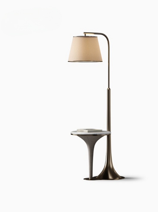 Floor Lamp with Table Attached, Modern Luxury Side Table Floor Lamp with White Stone Top, Fabric Drum Shade and Antique Bronze Metal Frame for Living Room, Bedroom, Sofa Corner