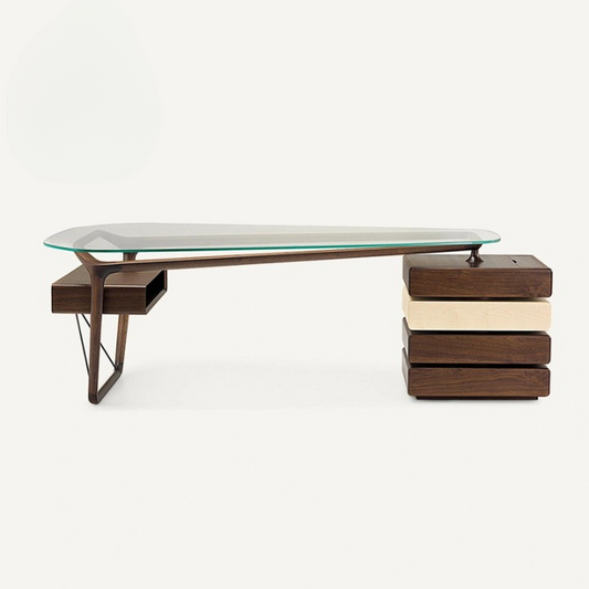 Modern Walnut Executive Desk with Glass Top and Built-In Storage, 78.7 Inch