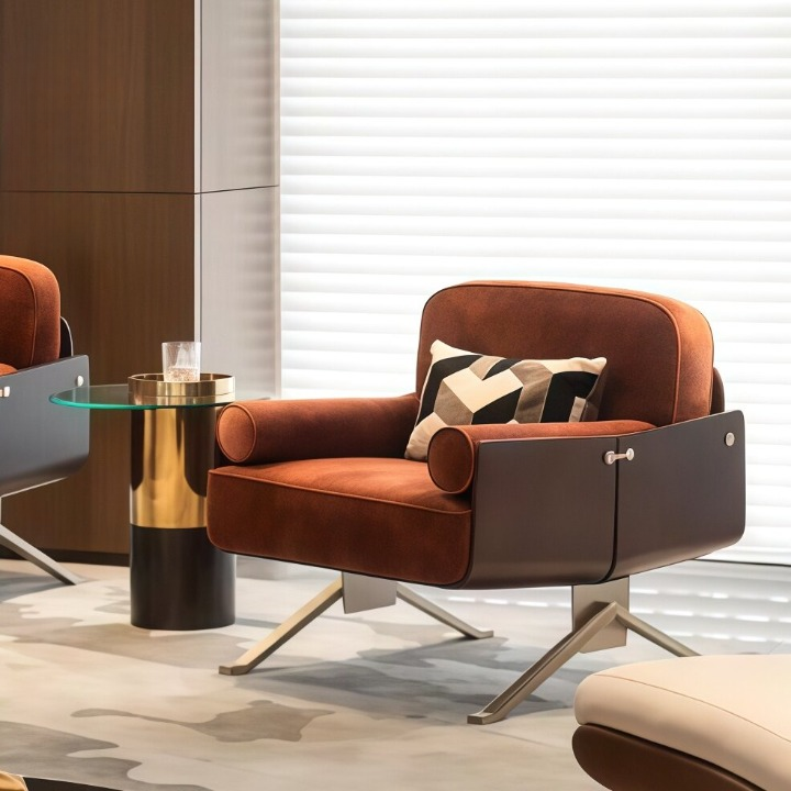 Burnt Orange Velvet Accent Chair with Metal Shell Frame, Modern Upholstered Lounge Armchair with Bolster Pillow, Swivel Style Statement Chair for Living Room, Bedroom, Office, Hotel Lounge and Reading Corner