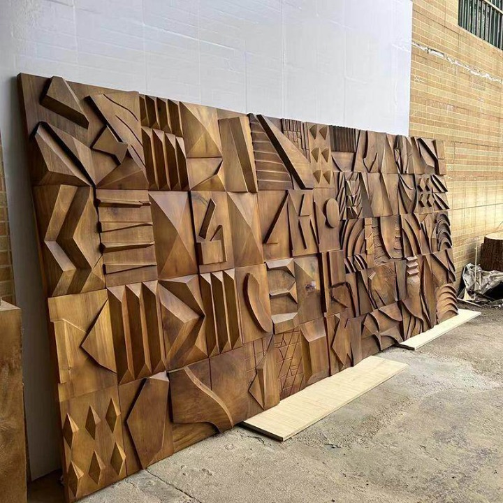 Large Abstract Wood Wall Art, Hand Carved 3D Geometric Wall Sculpture